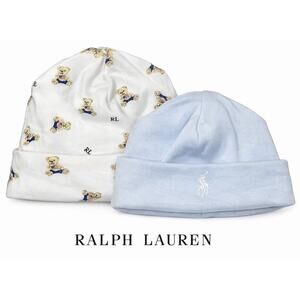 Ralph Lauren Baby Hat 2 Pc Set Polo Bear Beanie + Blue Pony Cap Infant One Size